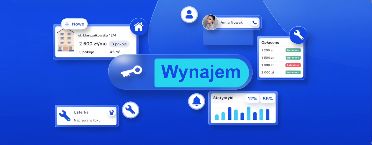 ManagerNajmu – podgląd panelu zarządzania najmem: nieruchomości, płatności, usterki i panel najemcy